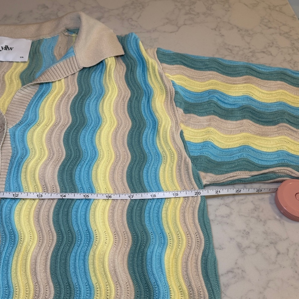yllw Blue Yellow Wavy Pointelle Knit Button Down Polo Mini Dress Cardigan S/M - Picture 7 of 10